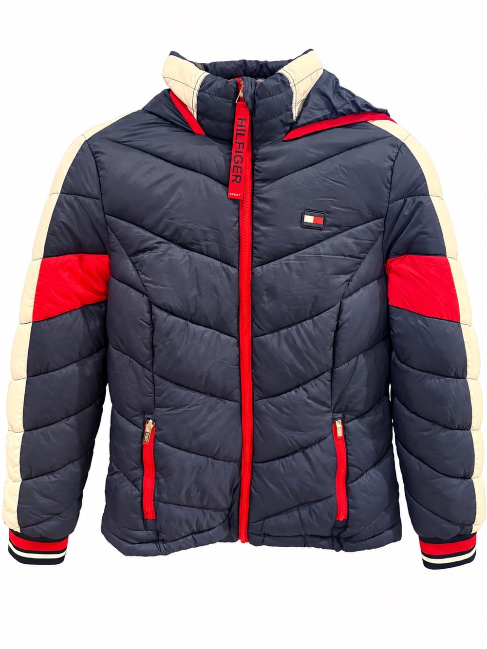 Women’s Tommy Hilfiger Sport Navy Red & White Hooded Puffer Jacket Size Small